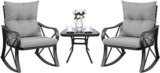 COSIEST 3 Piece Bistro Set Patio Rocking Chairs Outdoor Furniture w Warm Gray Cushions, Glass-Top Table for Garden, Pool, Backyard