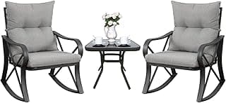COSIEST 3 Piece Bistro Set Patio Rocking Chairs Outdoor Furniture w Warm Gray Cushions, Glass-Top Table for Garden, Pool, Backyard