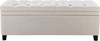 50 Inch Fabric Storage Ottoman, End of Bed Bench with Large Storage, Modern Upholstered Tufted Bench with Wood Legs, Beige