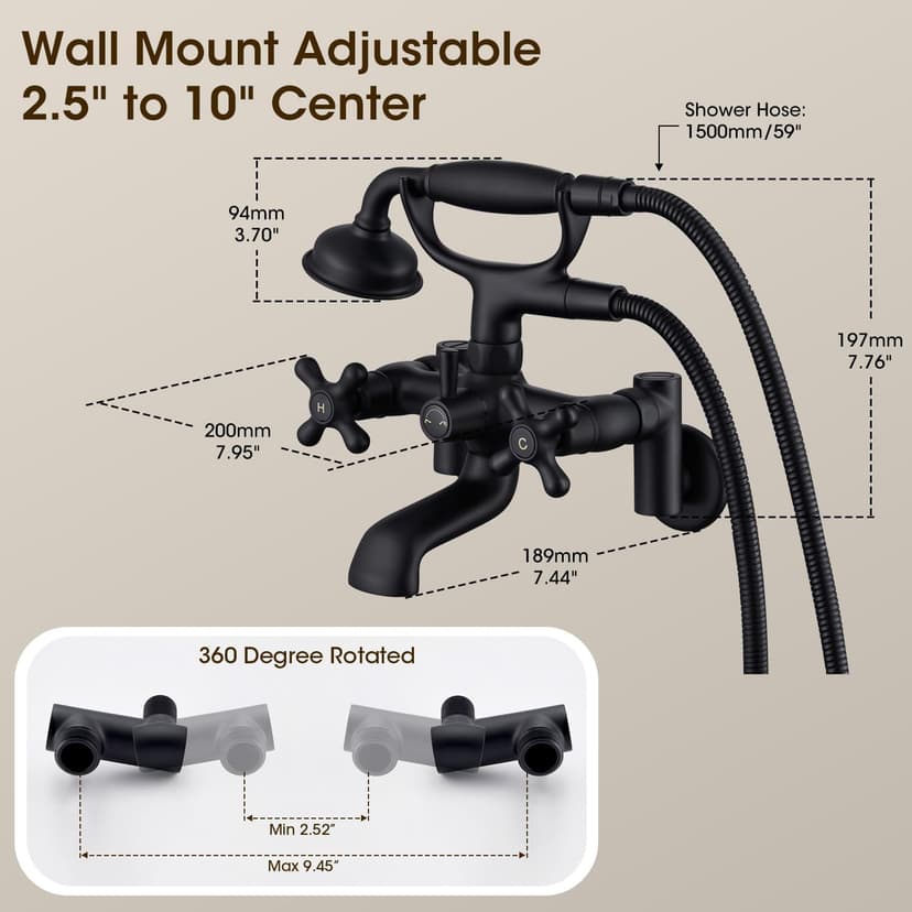 Wall Mount Tub Faucet with Hand Shower 3 to 10in Center Vintage Matte Black Wall Mount Tub Filler Bathtub Faucet Set with Shower Diverter with Valve 8 in Center