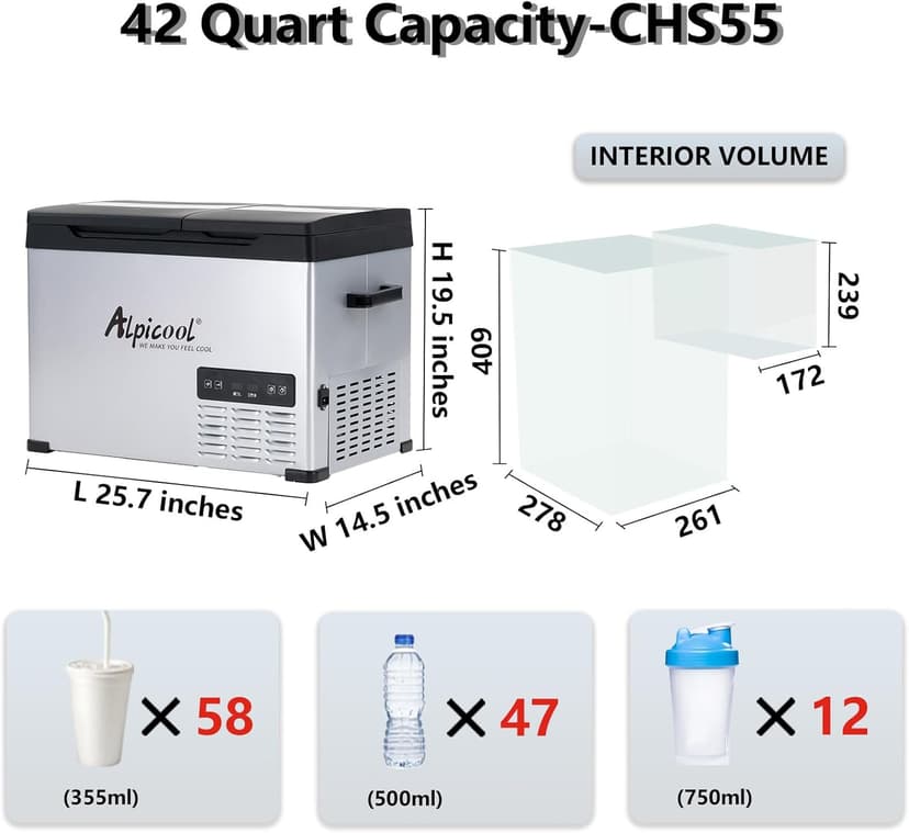 Alpicool CHS55 Dual Temperature Control 12 Volt Refrigerator 42 Quart Portable Car Fridge Freezer (-4°F~68°F) for Truck, RV, Boat, Camping and Travel