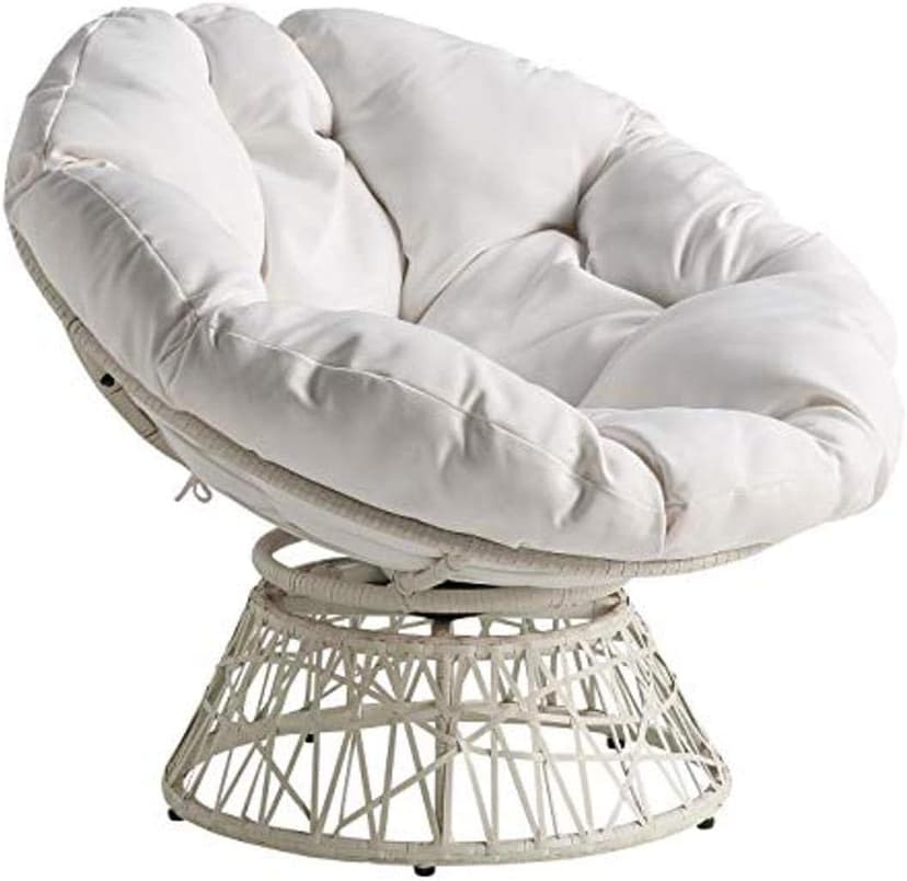 OSP Home Furnishings Wicker Papasan Chair with 360-Degree Swivel, White Frame with White Cushion