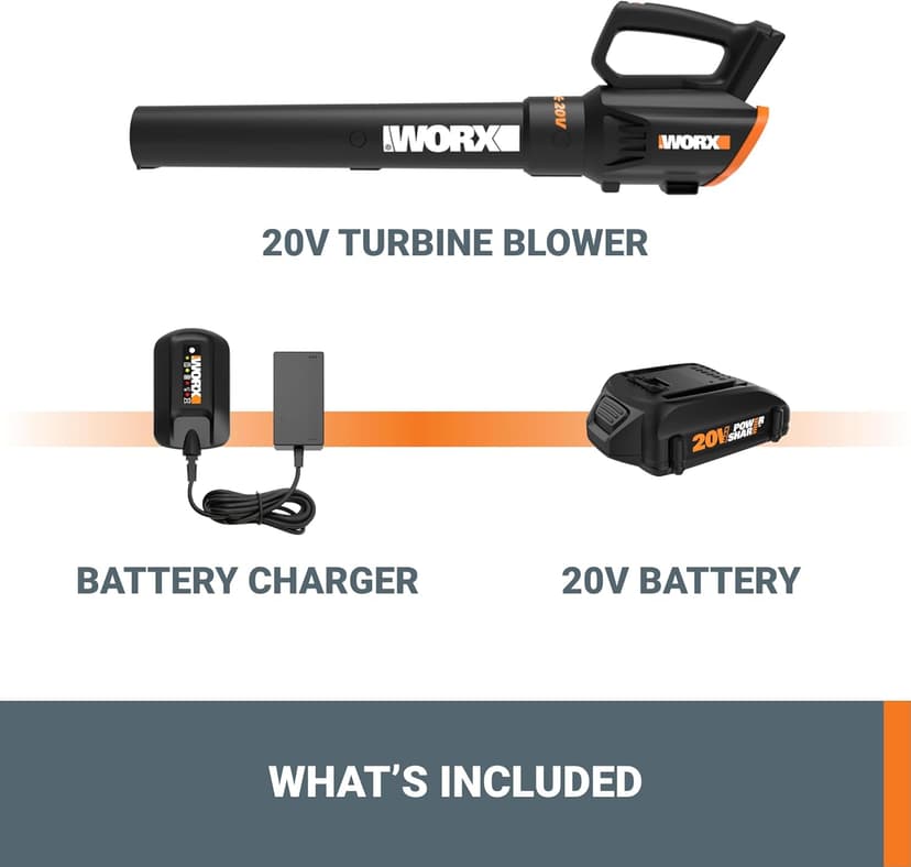 WORX 20V Cordless Leaf Blower WG547, Electric Blower, Powerful Turbine Fan Technology, 2-Speed Control, for One-Hand Operation, PowerShare – 1pc 2.0 Ah Battery and 1pc 0.4 A Charger Included