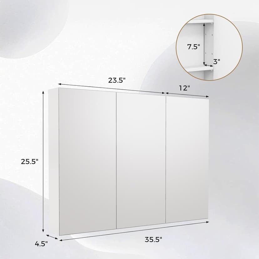 GOFLAME Medicine Cabinet with Mirror, Frameless Bathroom Wall Mounted Mirror Cabinet with 3 Doors and Adjustable Shelves, Bathroom Mirror with Storage, Recess or Surface Mount Installation
