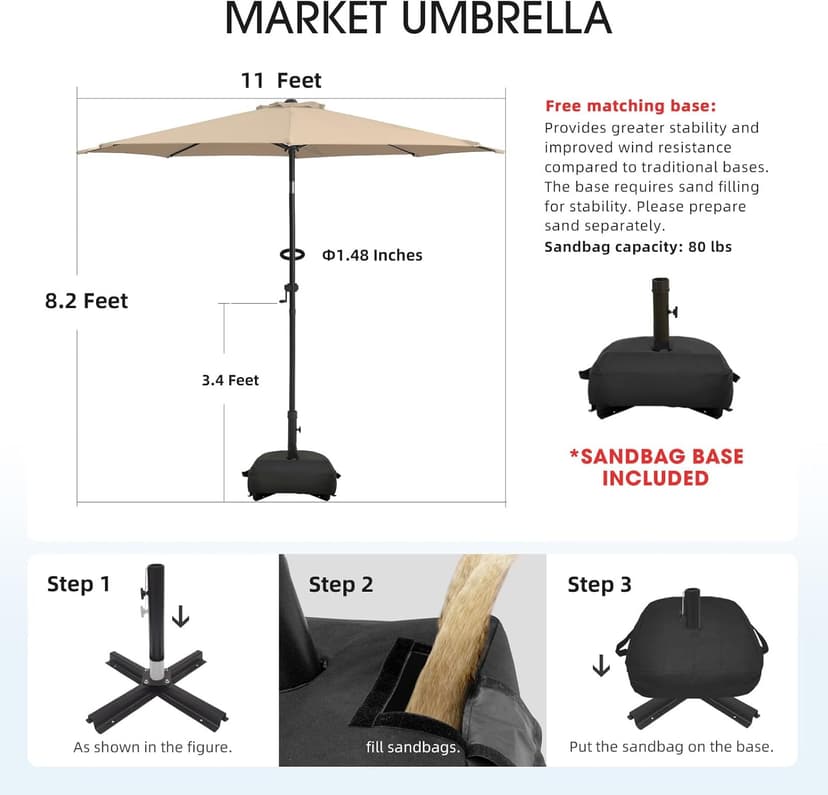 wikiwiki 11FT Patio Umbrellas with Base Included, Outdoor Umbrella with Sandbag Base, 8 Sturdy Ribs, Fade Resistant Waterproof POLYESTER DTY Canopy for Garden, Lawn, Deck, Backyard & Pool，Beige