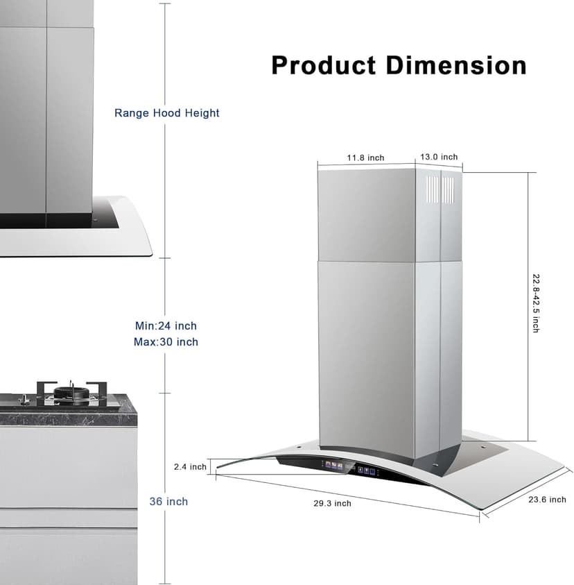 Island Range Hood 30 Inch 700 CFM Ceiling Mount Kitchen Vent Hood Tempered Glass with Color Gesture Sensing & Touch Control, 3 Speed Fan, 4 LED Lights, Permanent Filters