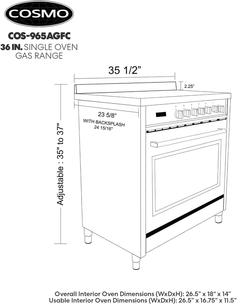 COSMO COS-965AGFC 36 in. Nebula Collection 3.8 cu. ft. Gas Range, 5 Burners, Rapid Convection Oven, Cast Iron Grates in Stainless Steel