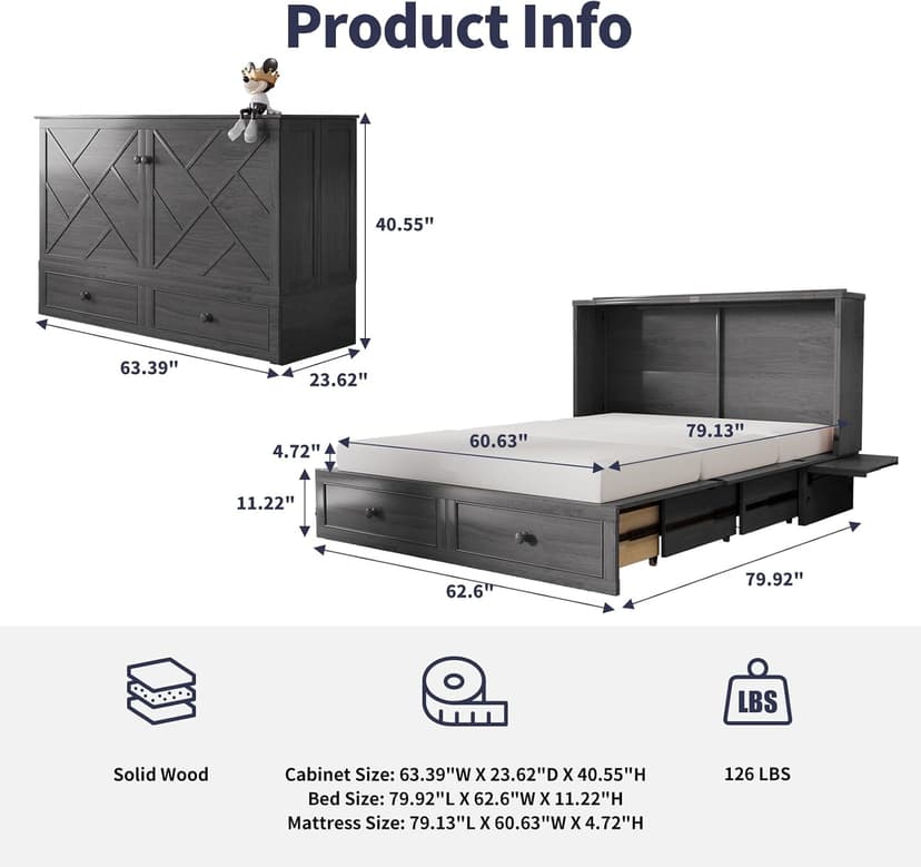 ijuicy Murphy Bed Queen with Foam Mattress, Convenient Murphy Bed Cabinet with Charging Station & Storage Board, Bed That Folds into Cabinet with Large Storage Drawer for Bedroom,Guest Room(Grey)