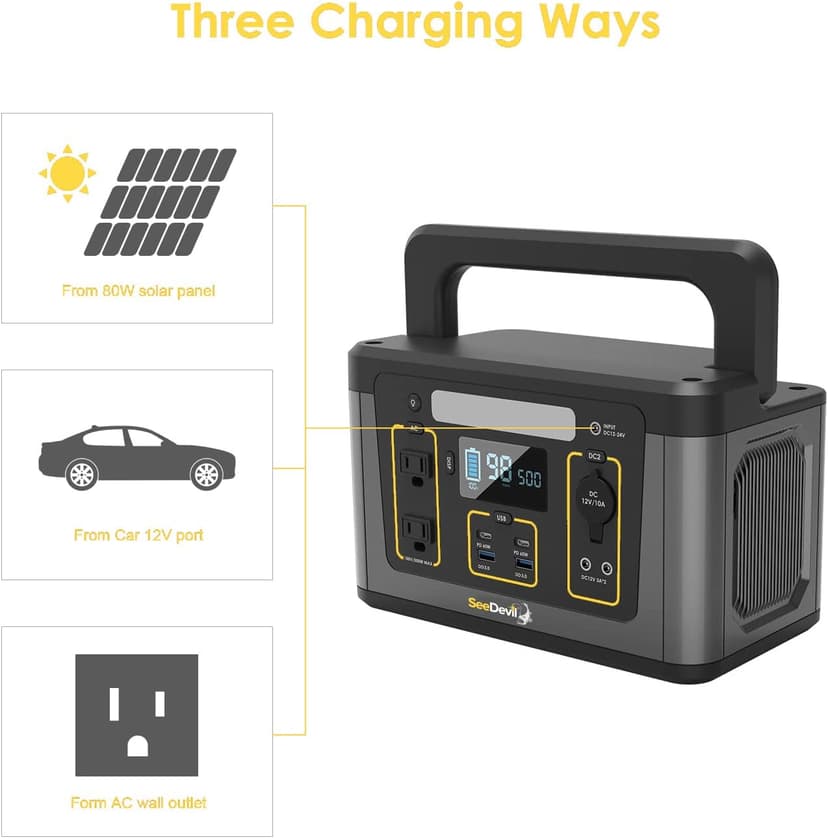 SeeDevil Portable Power Station 500W, 560Wh Lithium Battery, 110V/500W Pure Sine Wave AC Outlet, Solar Generator (Solar Panel Not Included) Great for Camping, Emergency Power, Off-Grid, Outdoor use