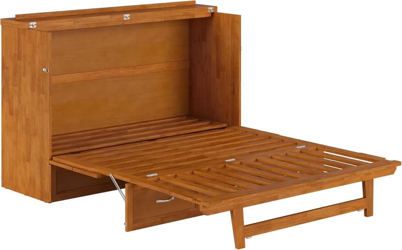 AFI, Northfield Queen Murphy Bed Chest with 6" Mattress, Storage Drawer & Built-in USB Charger, Light Toffee