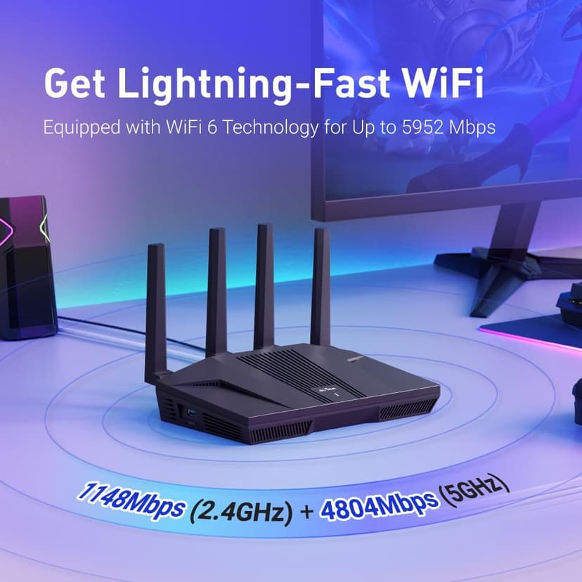 GL.iNet GL-MT6000 (Flint 2) WiFi 6 High Speed Gaming Routers for Wireless Internet, 2 x 2.5G Ethernet Ports for Fiber Optic Modem, Long Range Computer VPN WiFi Router, Home & Business