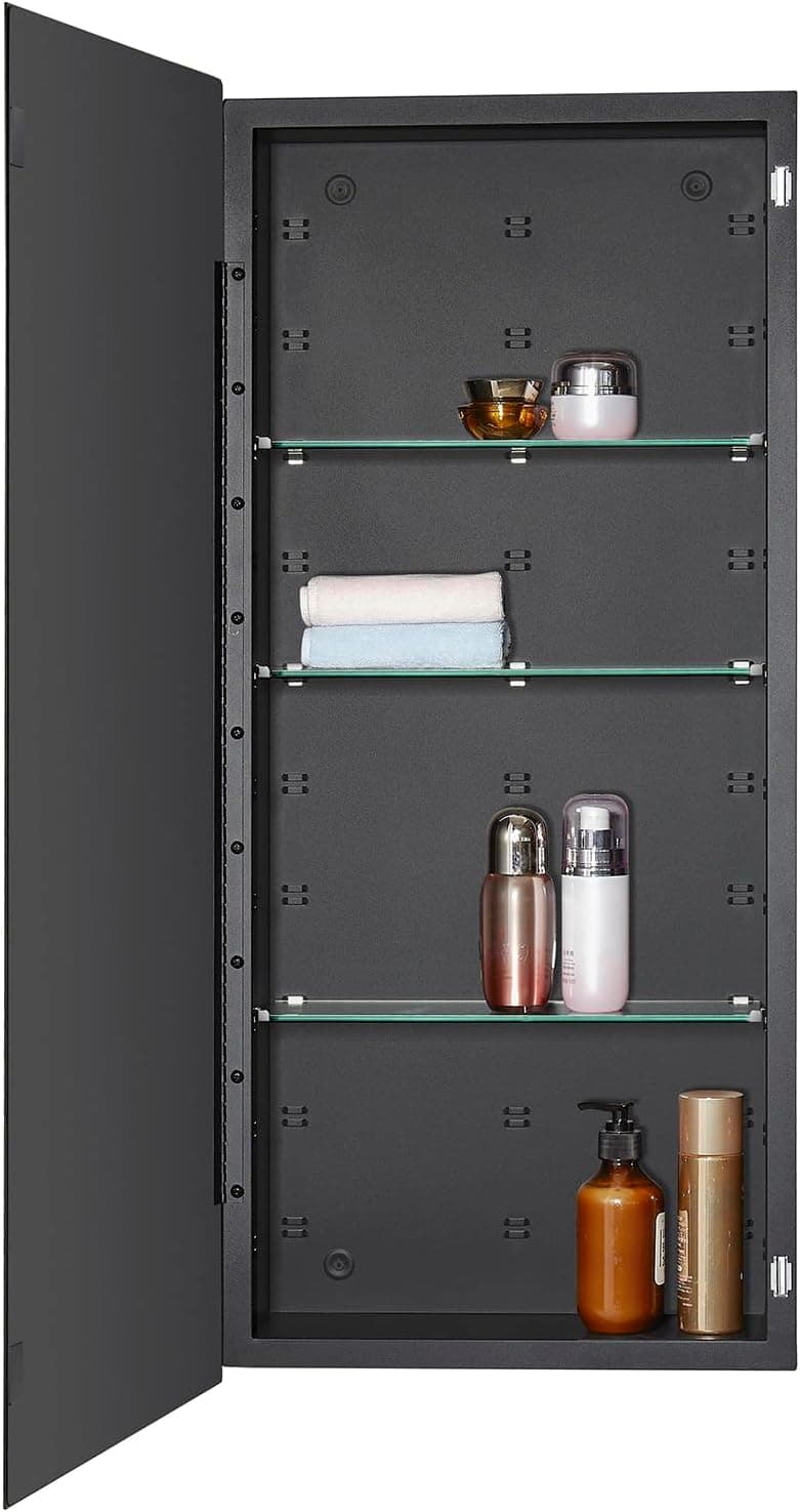 Black Bathroom Medicine Cabinet with Beveled Edge Mirrored Door 16 x 36 inch, Recessed or Surface Mount, with Adjustable Glass Shelves