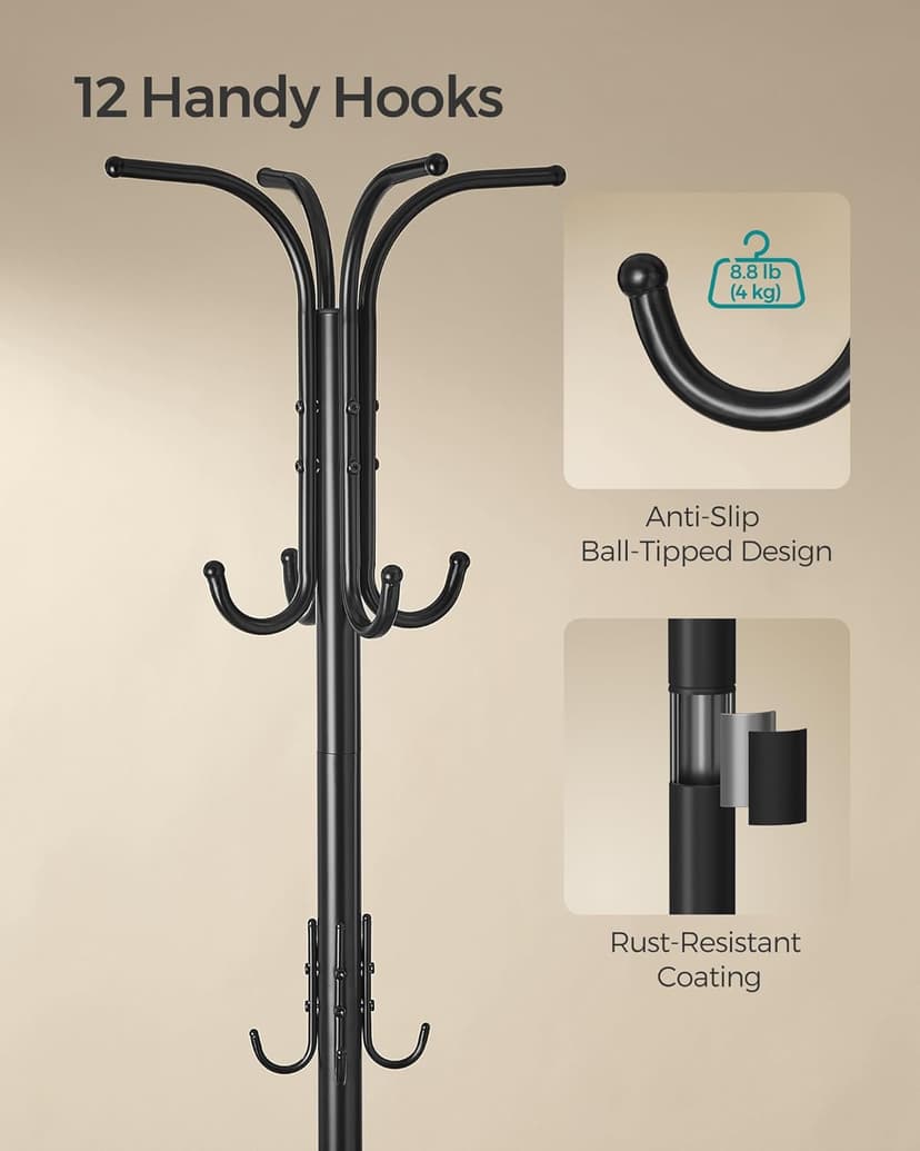 SONGMICS Coat Rack Freestanding, Coat Rack with Umbrella Holder with 12 Hooks, for Entryway, Hallway, Living Room, Bedroom, Ink Black URCR011B01