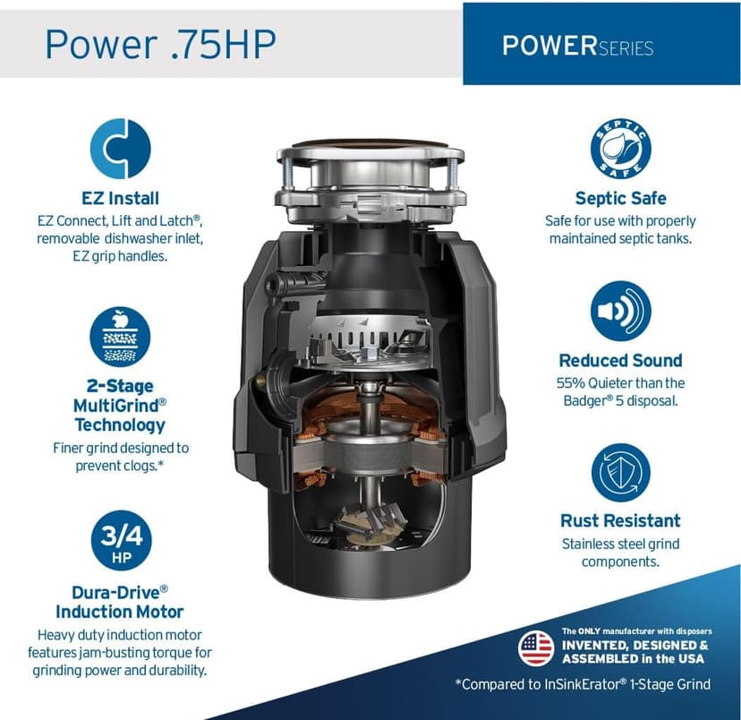 InSinkErator Power .75HP, 3/4 HP Garbage Disposal, Power Series EZ Connect Continuous Feed Food Waste Disposer, Black
