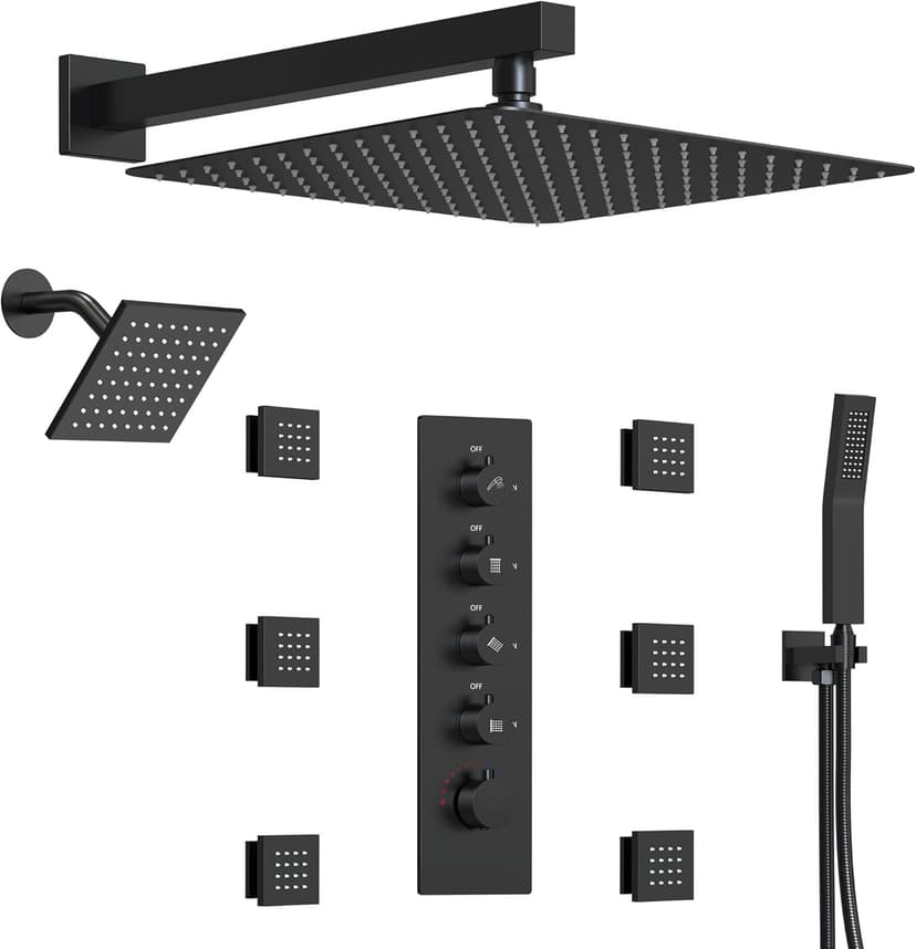 Thermostatic Shower system with 6 Body Jets, 16, 6 in. Bathroom Shower Set Wall Mount Dual Shower Head Faucet in Matte Black