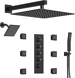 Thermostatic Shower system with 6 Body Jets, 16, 6 in. Bathroom Shower Set Wall Mount Dual Shower Head Faucet in Matte Black