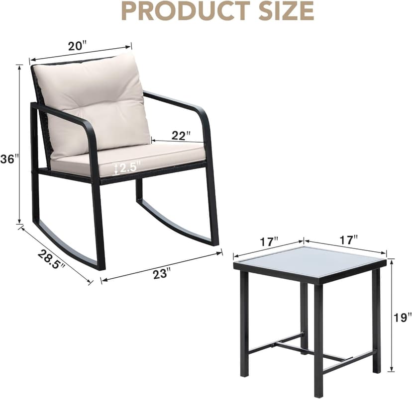Devoko 3 Piece Rocking Bistro Set Wicker Patio Outdoor Furniture Porch Chairs Conversation Sets with Glass Coffee Table (Beige)