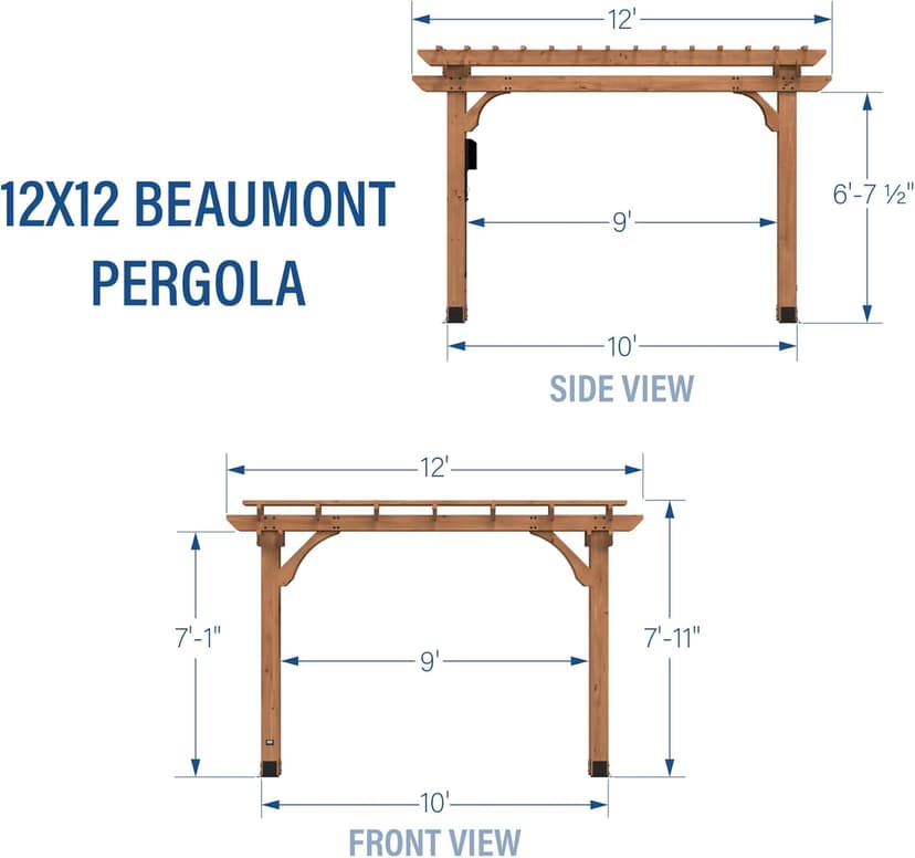 Backyard Discovery Beaumont 12' x 12' Traditional Cedar Wood Pergola Kit with Trellis Roof, All-Season Durability, High-Wind Rating, PowerPort, Shade for Outdoor Patio, Deck, Garden, and Entertaining