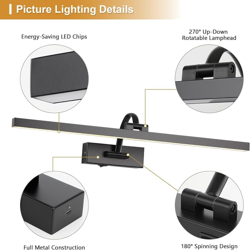 Wireless Picture Lights for Wall Battery Operated, Black Art Lighting for Paintings Rechargeable Gallery lights with Remote and Timer 3CCT Dimmable Painting Lights for Artwork Portrait 23.62 inch