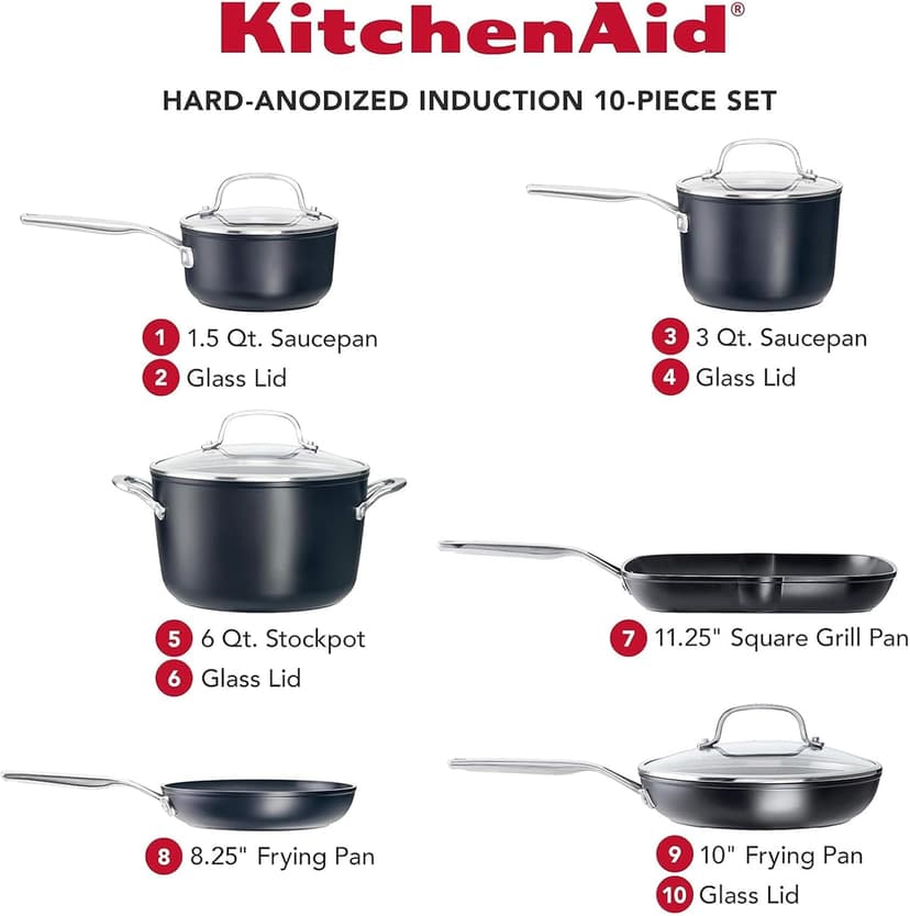 KitchenAid Hard Anodized Induction Nonstick Cookware Pots and Pans Set, 10 Piece, Matte Black