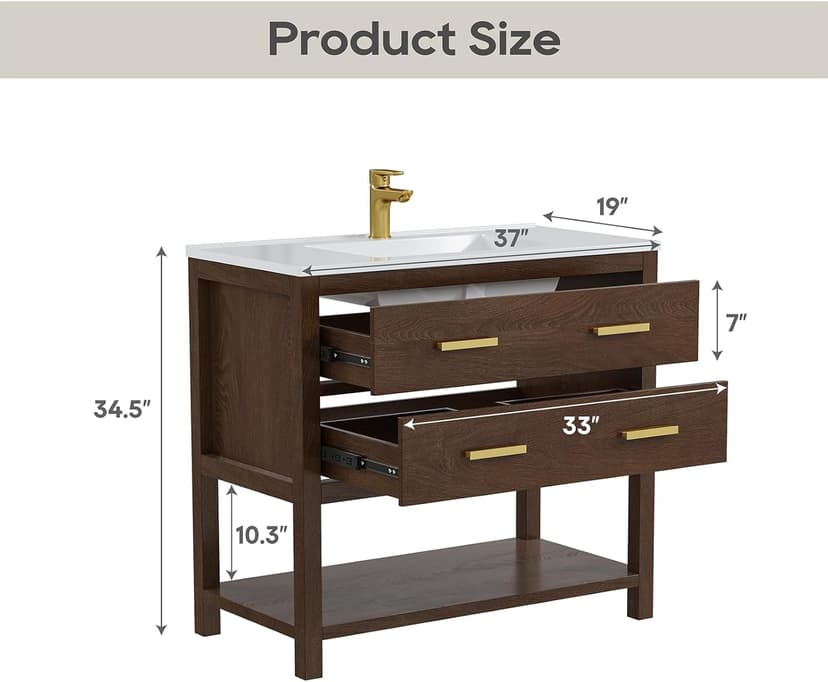 36 Inch Bathroom Vanity with Sink, Farmhouse Storage Cabinet with Drawers & Open Storage Shelf, Easy Assembly, Adjustable Feet, Walnut