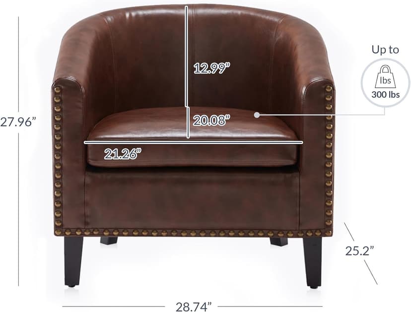 BELLEZE Accent Barrel Chair, Set of 2 Modern Faux Leather Tub Club Chair Upholstered Armchair with Gold Nail Head Trim and Black Legs for Living Room Bedroom Apartment Lounge - Brown