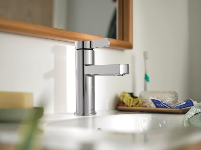 Moen Beric Chrome Modern One-Handle Single Hole Bathroom Faucet with Drain Assembly and Optional Deckplate for your Bath Sink, 84774
