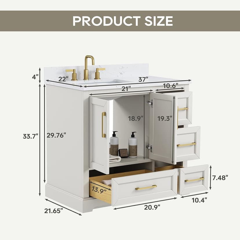 36 Inch Bathroom Vanity with Sink, Solid Wood Frame with Engineered Marble Top, Fully Assembled Storage Cabinet with 2 Soft-Closing Doors & 4 Drawers, Backspalsh, Greige