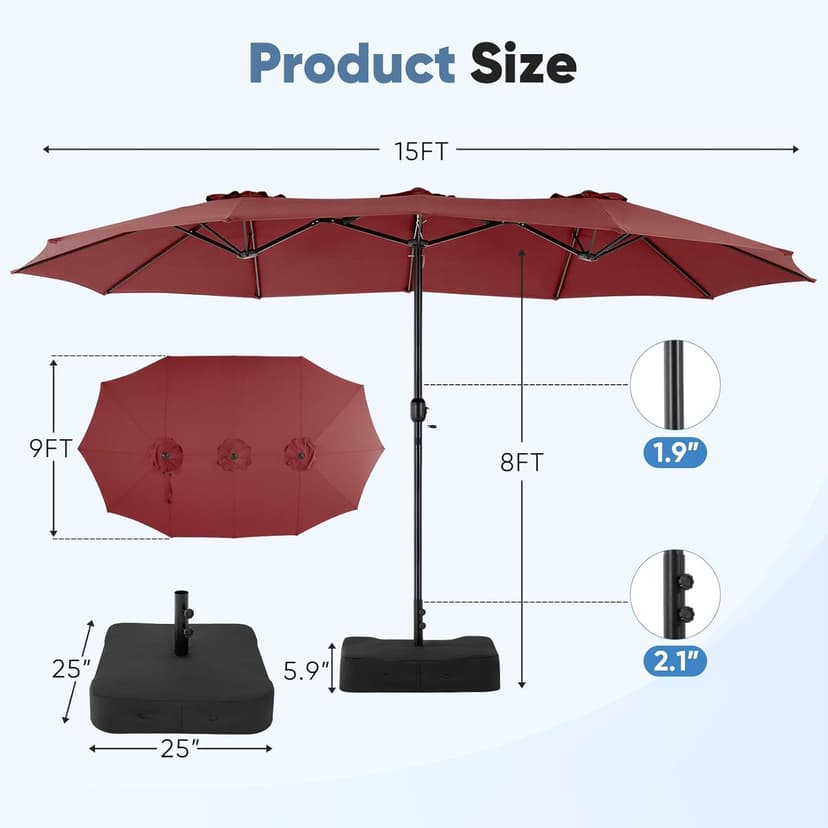 Sweetcrispy 15ft Large Patio Umbrella with Base Included, Rectangle Table Umbrella Outdoor Patio, Outside Umbrellas for Deck, Market, Backyard