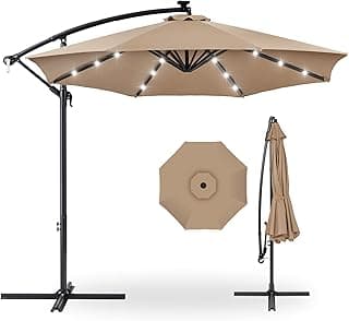 Best Choice Products 10ft Solar LED Offset Hanging Market Patio Umbrella for Backyard, Poolside, Lawn and Garden w/Easy Tilt Adjustment, Polyester Shade, 8 Ribs - Tan