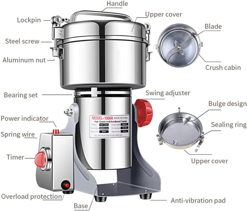 Electric Grain Grinder Mill 1000g High-speed Spice Herb Mill Commercial Powder Machine for Dry Cereals Grain Herb Spice Coffee Corn Bean CE approved (1000g Stand Type)