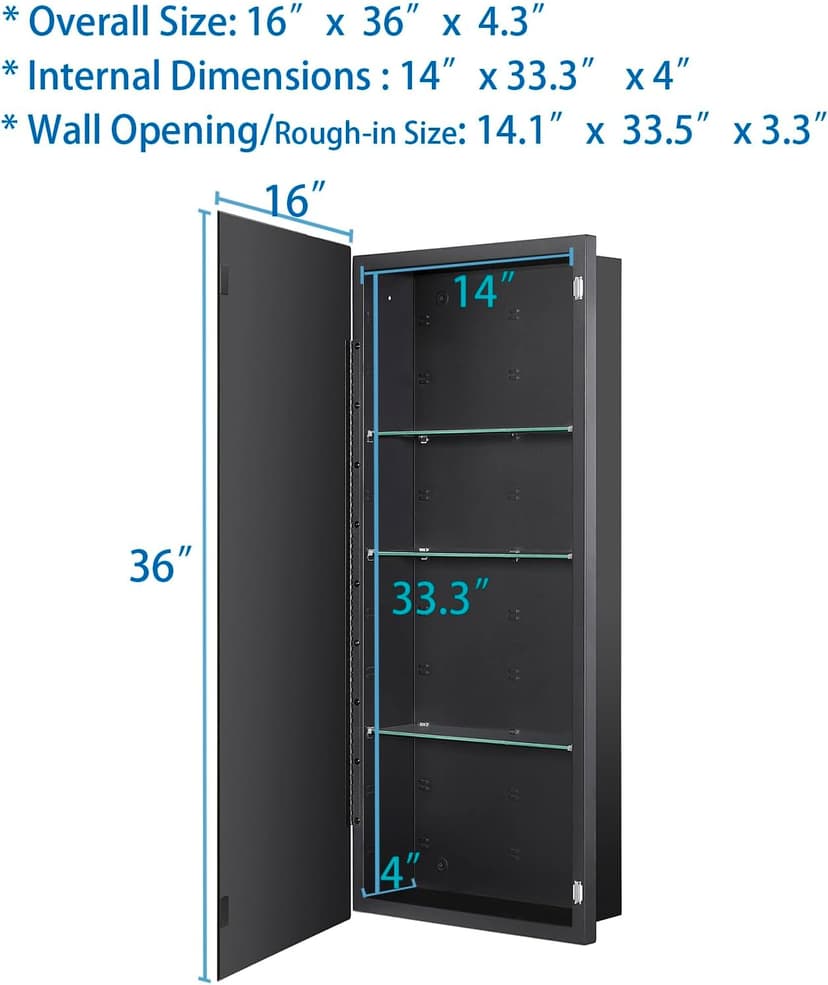 Black Bathroom Medicine Cabinet with Beveled Edge Mirrored Door 16 x 36 inch, Recessed or Surface Mount, with Adjustable Glass Shelves