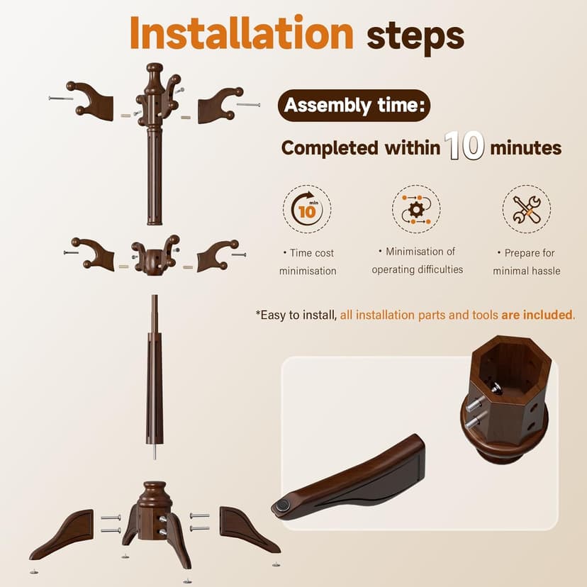 Solid Wood Rotary Coat Rack Freestanding, Heavy Duty Coat Hanger Stand with 2 layer Multi-direction Hooks, 360° Rotating Standing Coat Rack Tree for Entryway, Bedroom, Office, H: 77.6in (Walnut)