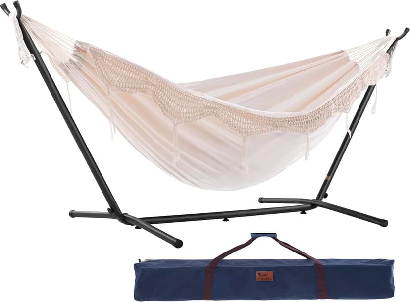 Vivere Double Cotton Hammock with Space Saving Steel Stand, Upgraded Polyester End Strings 450 lb Capacity - Premium Carry Bag Included - USA Grown Cotton (Natural)