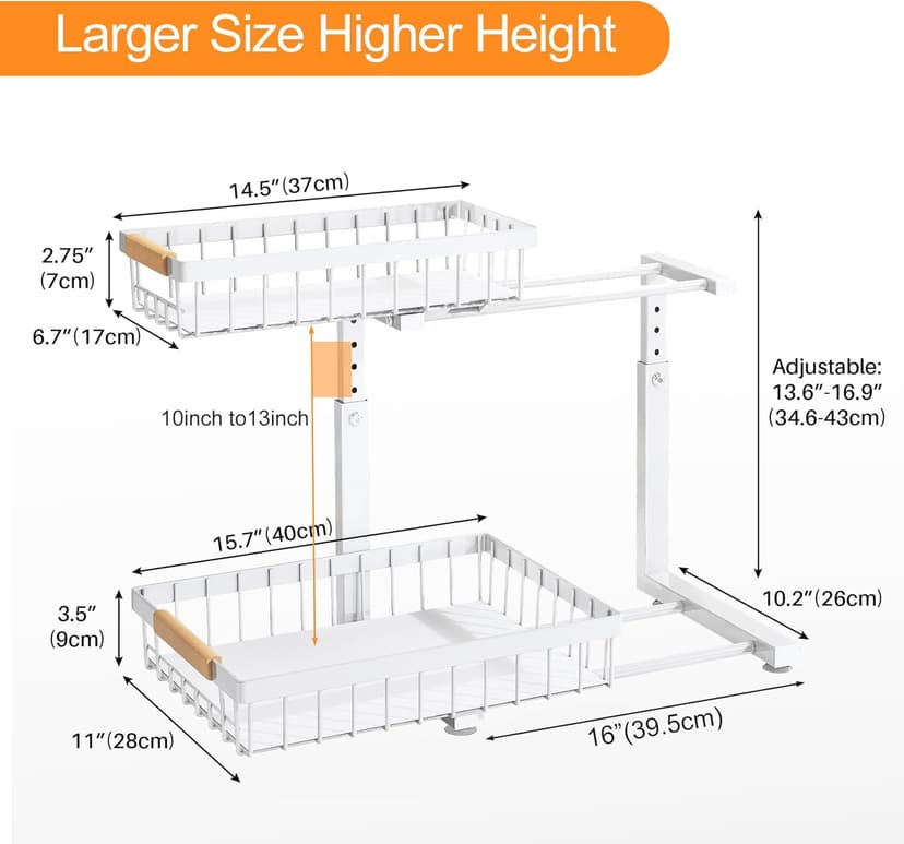 PXRACK 2 Pack Under Sink Organizer,Adjustable Height,2 Tier Pull Out Under Cabinet Organizer,Slide Out Thickened Metal Under Sink Storage for Kitchen Bathroom Laundry Cabinet Pantry,White