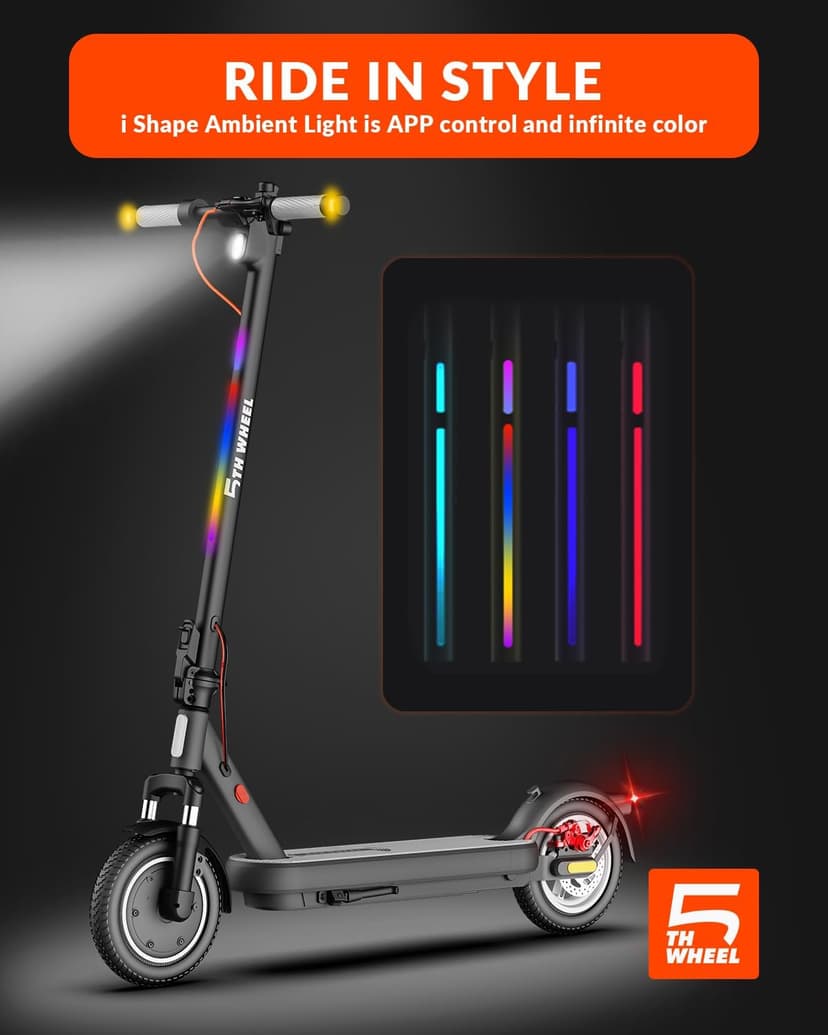 5TH Wheel V40 PRO Electric Scooters, 48V 800W Peak Motor & 20 MPH, 24.9 Miles Range, 10" Solid Tires, Front-N-Rear Suspension and Ambient Light, Folding Sport Scooters with Dual Brake System and APP