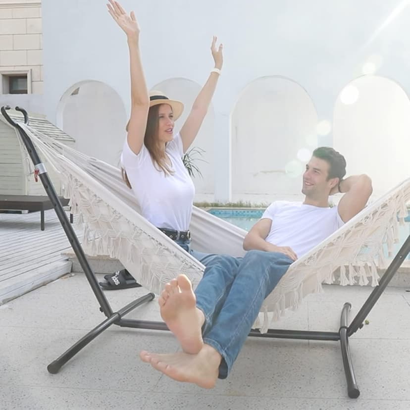 Double Hammock with Stand Upgraded Phone Holder Portable Heavy Duty Stainless Steel Indoor Outdoor Patio Yard Beach with Carrying Case （2022 Beige）