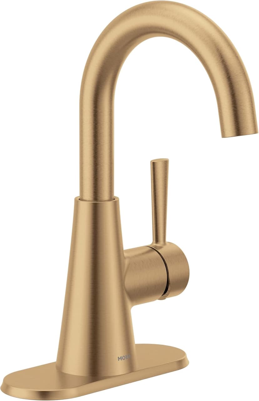 Moen Ronan Bronzed Gold One-Handle Single Hole Modern Bathroom Sink Faucet with Optional Deckplate and Spring Loaded Drain Assembly, 84021BZG