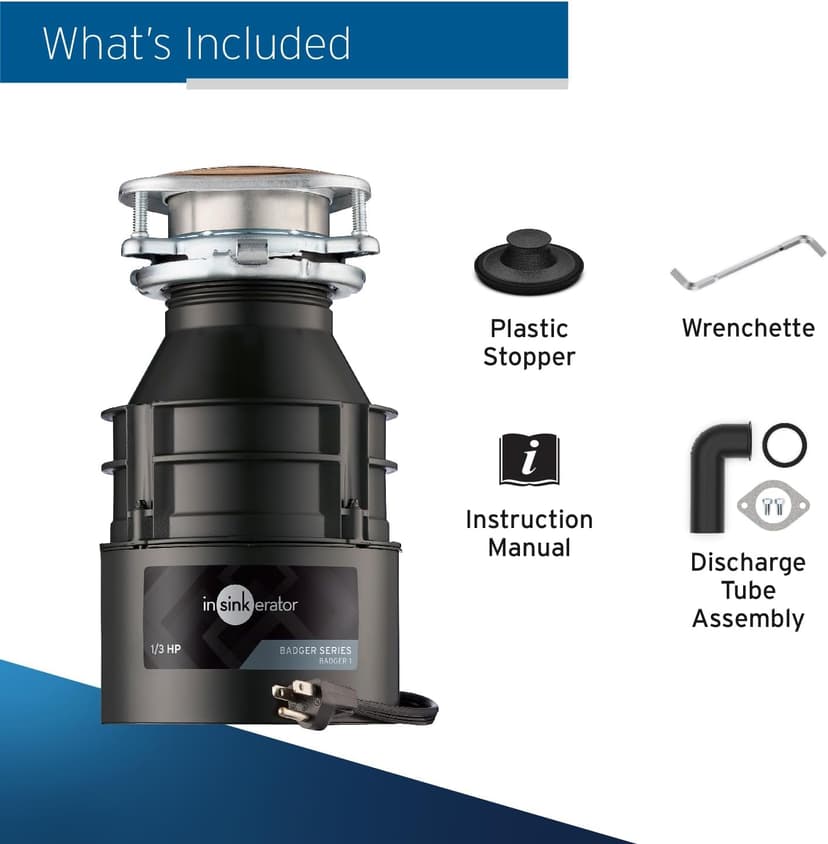 InSinkErator Garbage Disposal with Power Cord, Badger 1, Standard Series, 1/3 HP Continuous Feed, Black