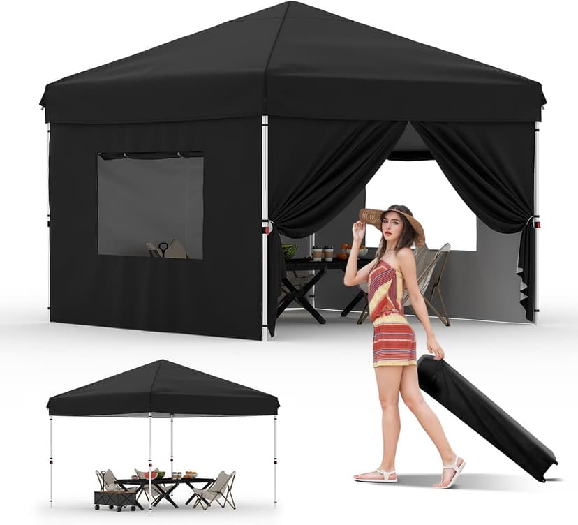 10'x10' Pop Up Canopy Tent with 4Pcs Sidewalls, Portable Instant Commercial Canopy with 4 Stakes, 4 Ropes, 4 Sandbags for Farmers' Market, Patio, Outdoor, Camping, Black
