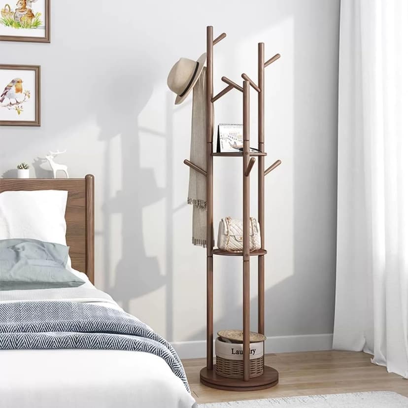 Rotatable Coat Rack, Floor Standing Household Shelf, Solid Wood Frame Standing Coat Rack, Living Room Entrance Bedroom Riser Hanging Rack, Walnut Color