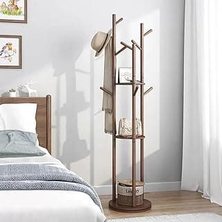Rotatable Coat Rack, Floor Standing Household Shelf, Solid Wood Frame Standing Coat Rack, Living Room Entrance Bedroom Riser Hanging Rack, Walnut Color