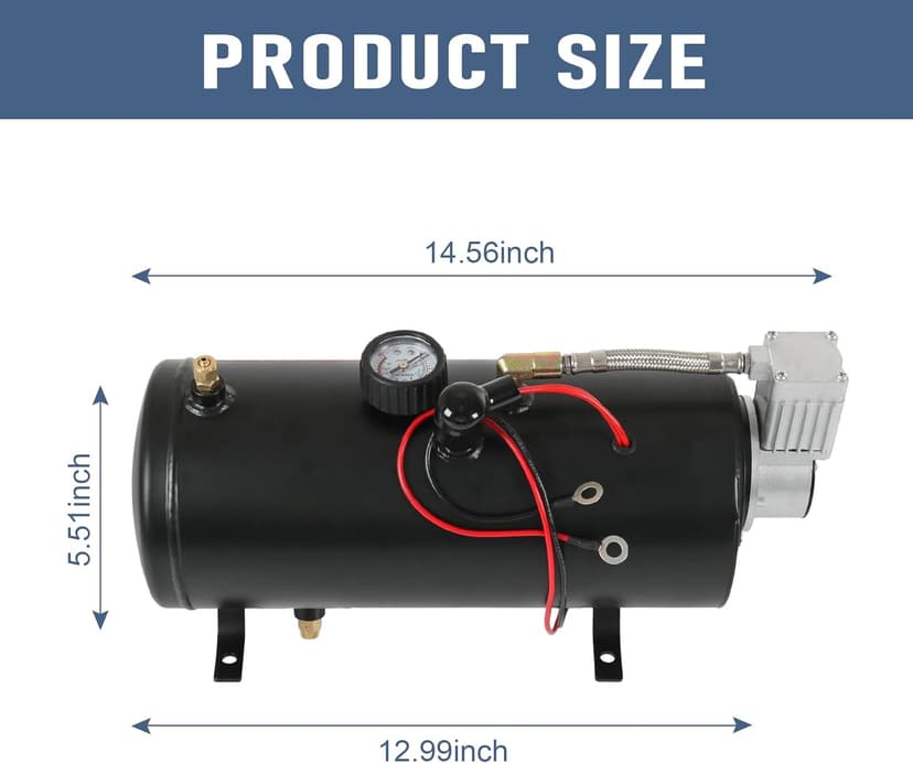 DC 12V MAX 150PSI Air Compressor Tank Pump with 3 Liter Tank 0.8 Gallon Portable Air Compressor Pump for Train Truck Pickup Motorhome Horns On Board 3L Train Inflator