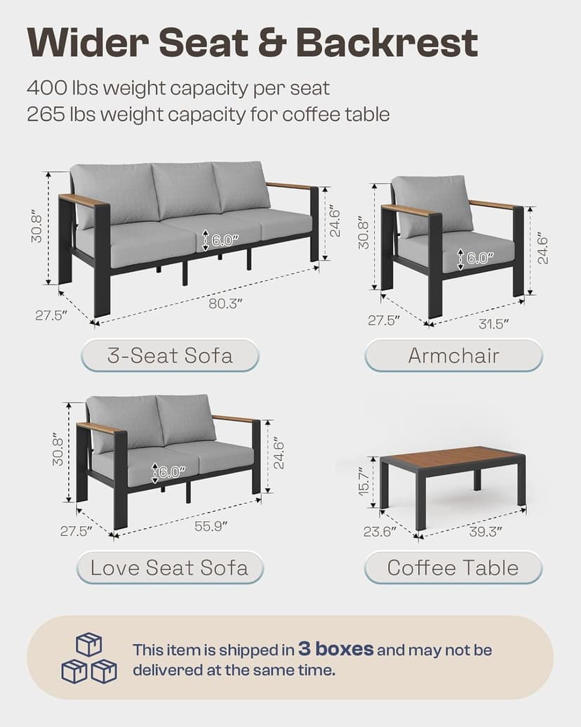 Aluminum Outdoor Patio Furniture Set with Coffee Table, 4 Piece Patio Conversation Sets with Washable Thick Cushions, Patio Sectional Furniture Set for Porch, Balcony, Deck, Gray
