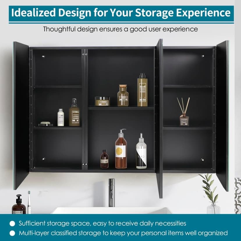 Movo 40 Inch x 28 Inch Black Bathroom Mirror Medicine Cabinet, Frameless Large Wall Mount Medicine Cabinet with 3 Doors,Rmovable Shelves