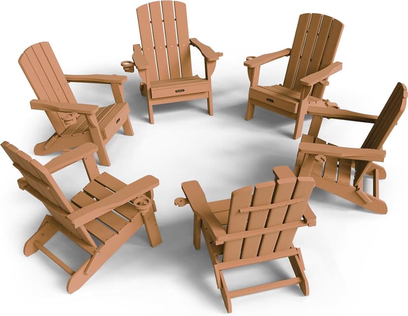 Folding Adirondack Chair 6 Pack, HDPE All-Weather Fire Pit Chairs, Plastic Adirondack Chairs with 2 Cup Holder, Outdoor Lawn Chair for Patio Garden (Teak)