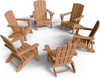 Folding Adirondack Chair 6 Pack, HDPE All-Weather Fire Pit Chairs, Plastic Adirondack Chairs with 2 Cup Holder, Outdoor Lawn Chair for Patio Garden (Teak)