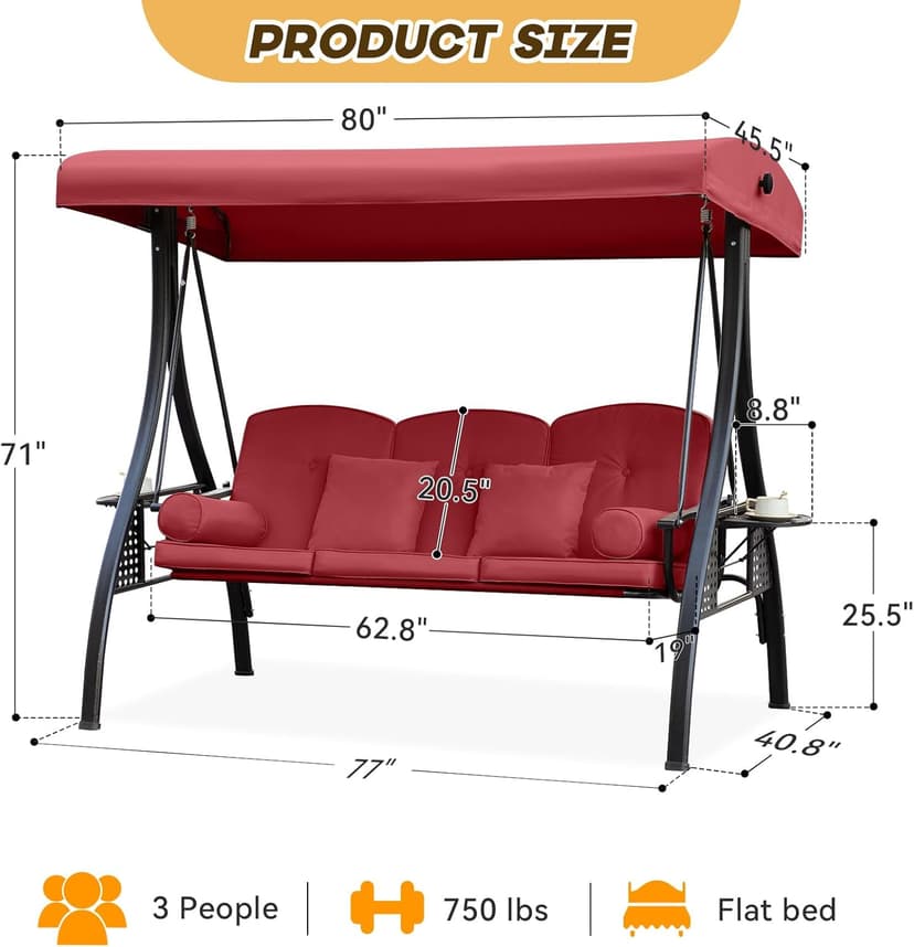 3 in 1 Outdoor Porch Swing with Adjustable Canopy, 3 Seat Outdoor Swing for Adults, Patio Swing Chair with Thickened Cushions,Pillows & Cup Holders for Backyard, Porch, Garden (Wine Red)