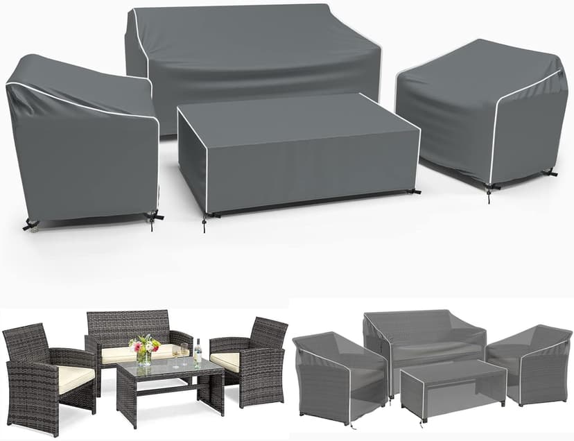 Gasadar Patio Furniture Covers, 4-Piece Outdoor Furniture Cover Waterproof for Patio Loveseat, Chair and Coffee Table, 600D Heavy Duty, Grey