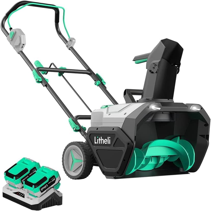 Litheli 2x20V Battery Powered Cordless Snow Blower, 20'' Brushless Electric Snow Thrower with Wheels, LED Lights, 180° Chute, Powerful Snow Removal Kit with 4.0Ah Battery and Fast Charger